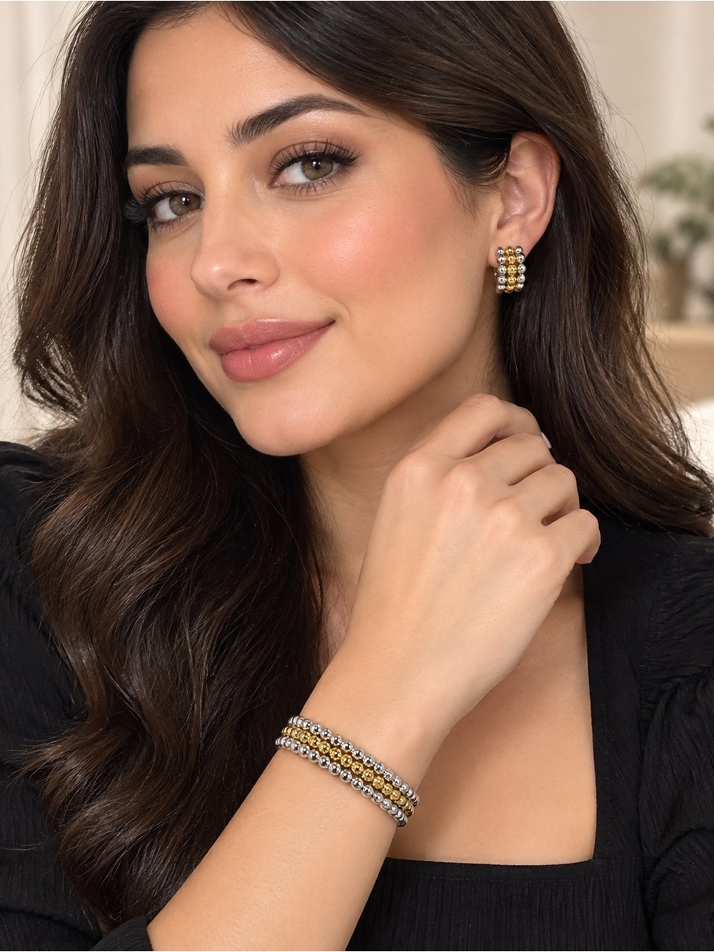 Gold plated stainless steelGold and Silver Beaded Hoop Earrings and Bracelet Set